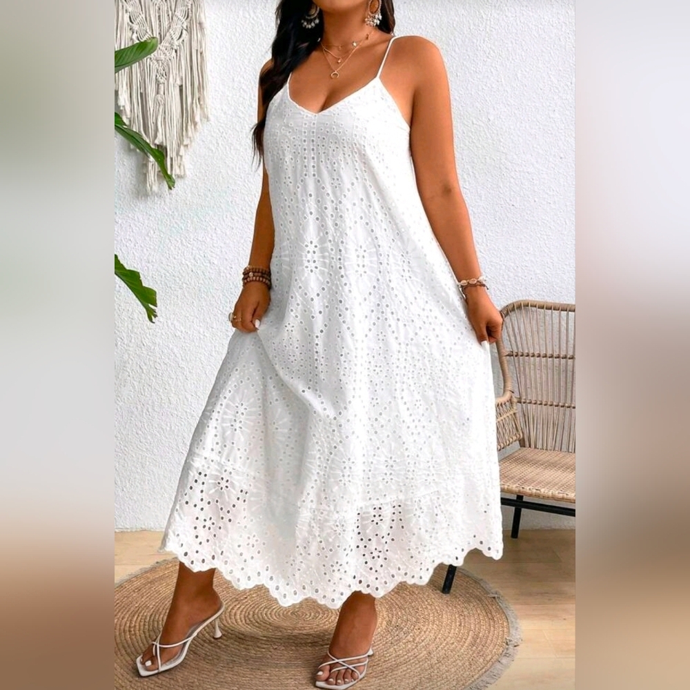 New Flowy Embroidered Eyelet Lace Cami Midi Dress PLUS White - Picture 5 of 8